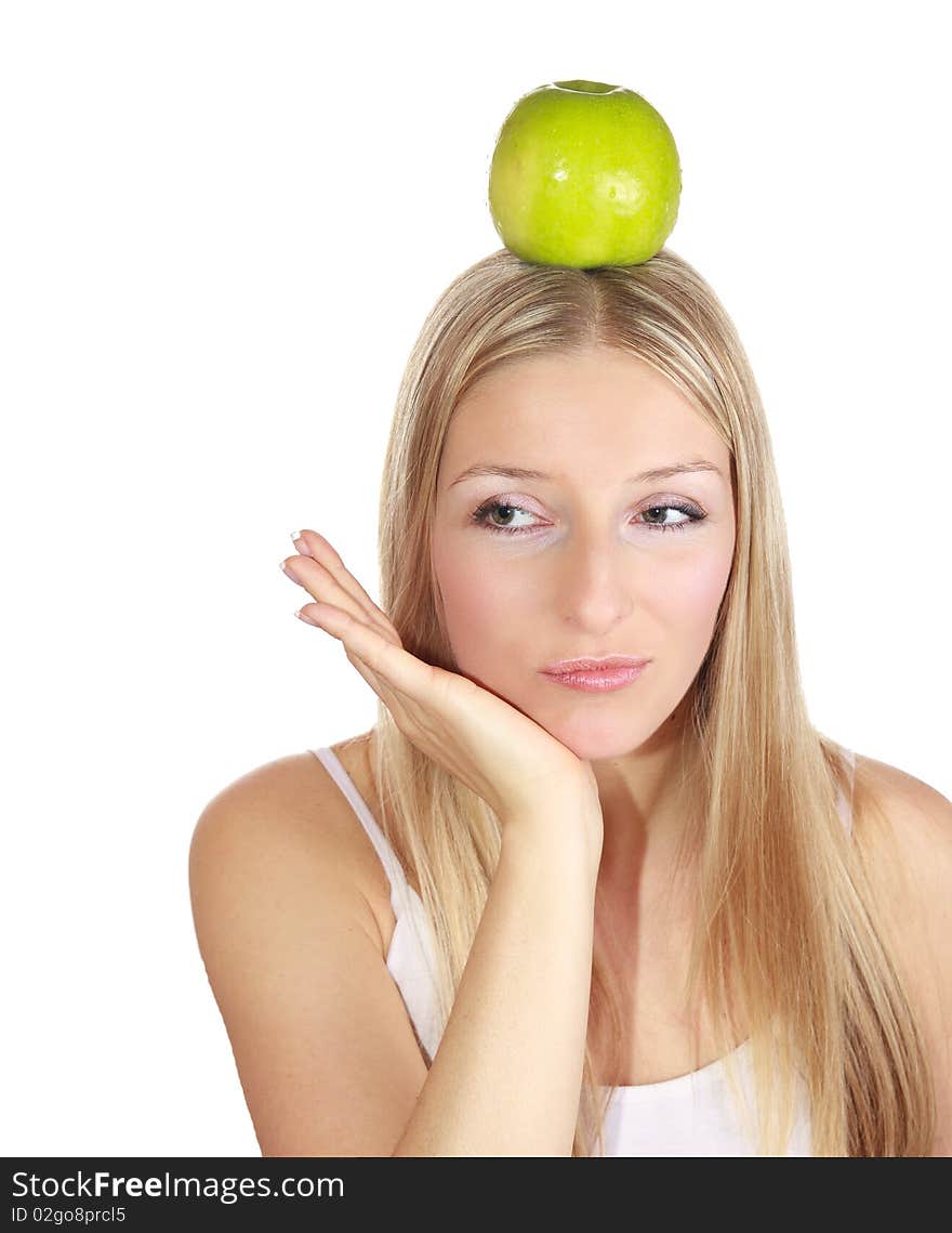 Caucasian blond woman holding apples