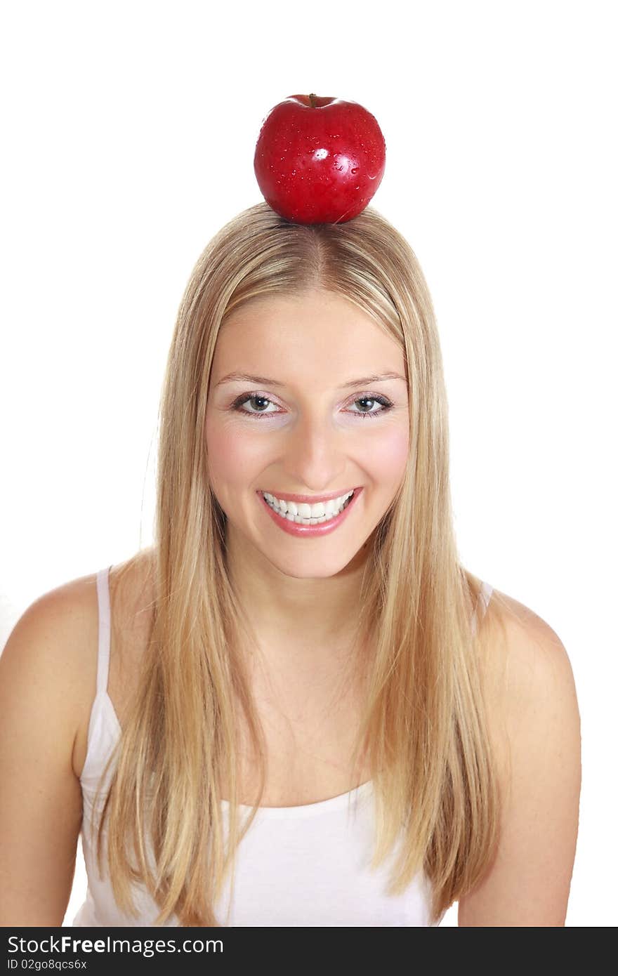 Caucasian blond woman with apple on isolated background. Caucasian blond woman with apple on isolated background