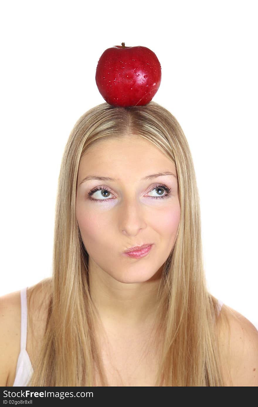 Caucasian blond woman holding apples