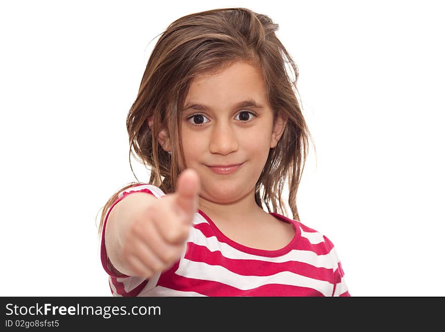 Small girl doing an approval sign on a white background. Small girl doing an approval sign on a white background