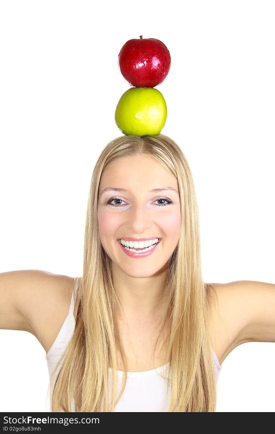 Caucasian blond woman holding apples