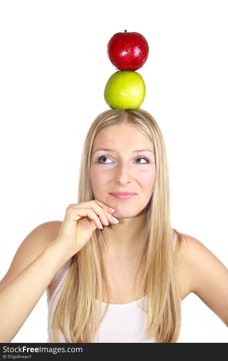 Caucasian blond woman with apple on isolated background. Caucasian blond woman with apple on isolated background