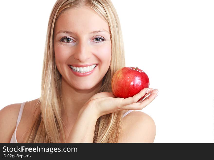 Caucasian blond woman with apple on isolated background. Caucasian blond woman with apple on isolated background