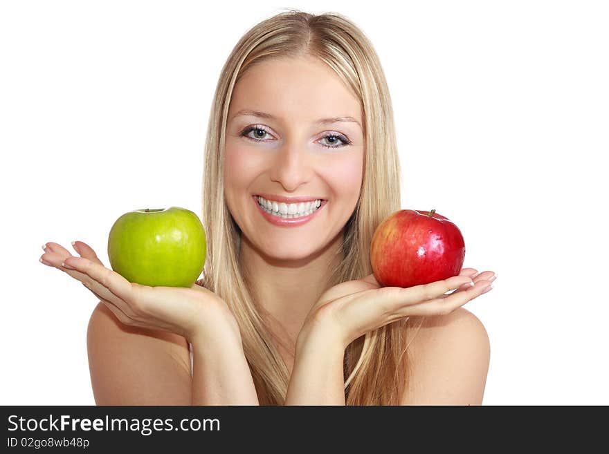 Caucasian blond woman with apple on isolated background. Caucasian blond woman with apple on isolated background