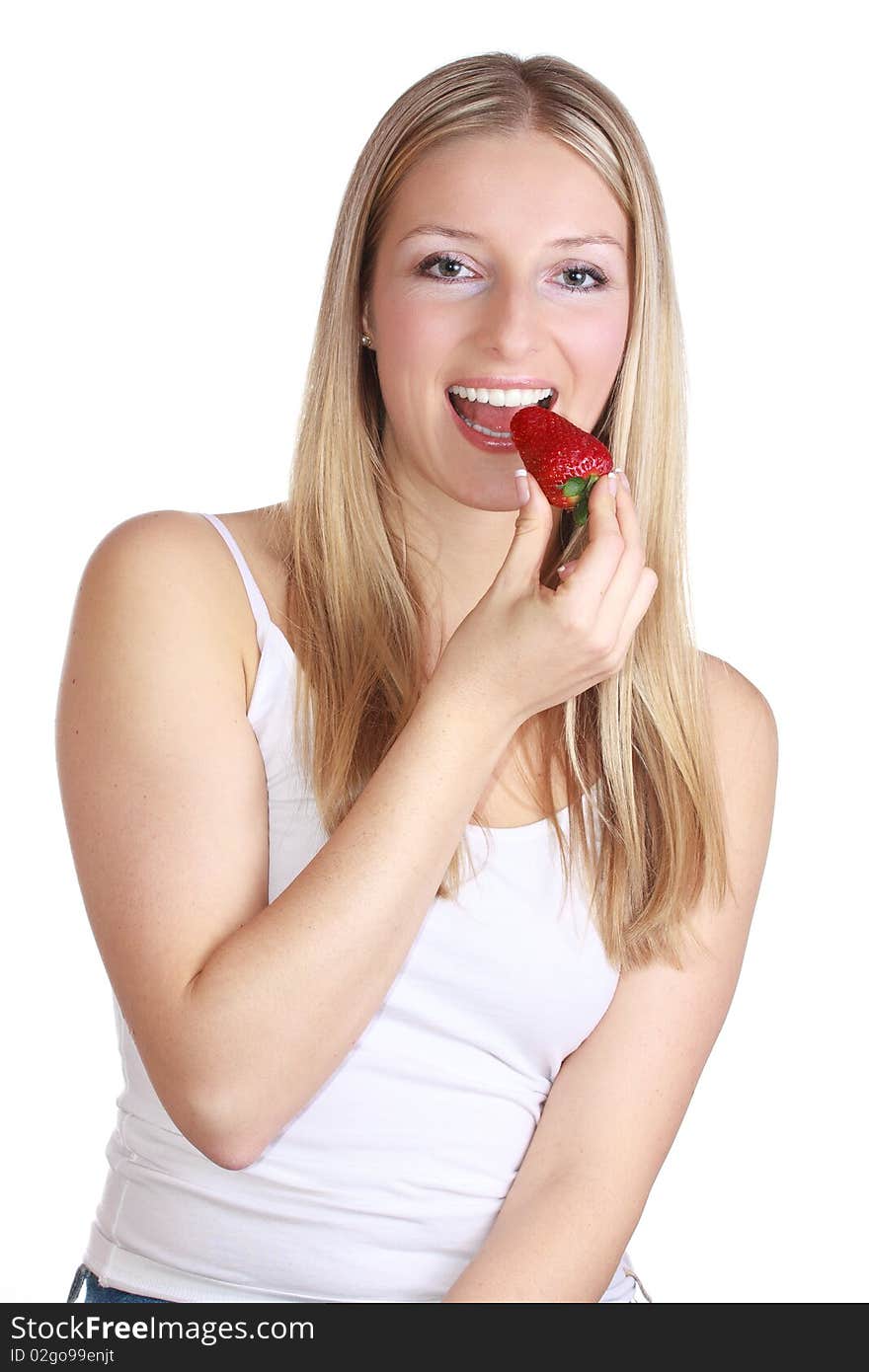 Caucasian girl with strawberry on white isolated background