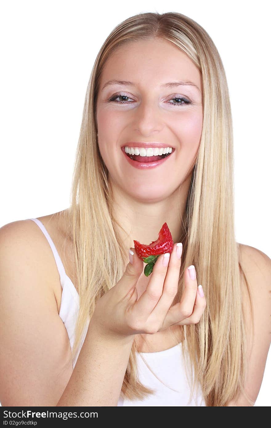 Caucasian girl with strawberry on white isolated background