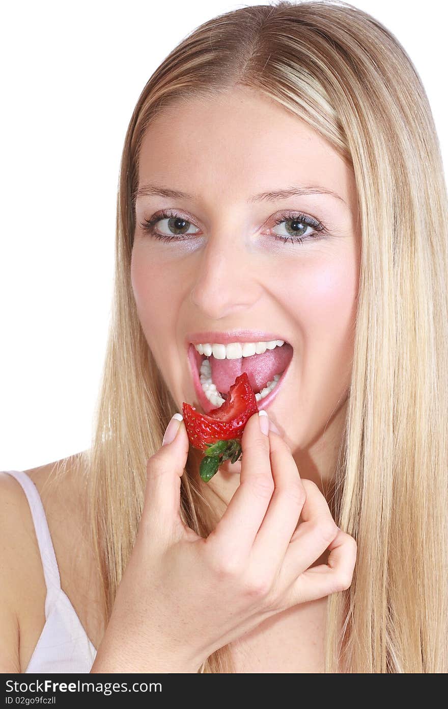 Caucasian girl with strawberry on white isolated background