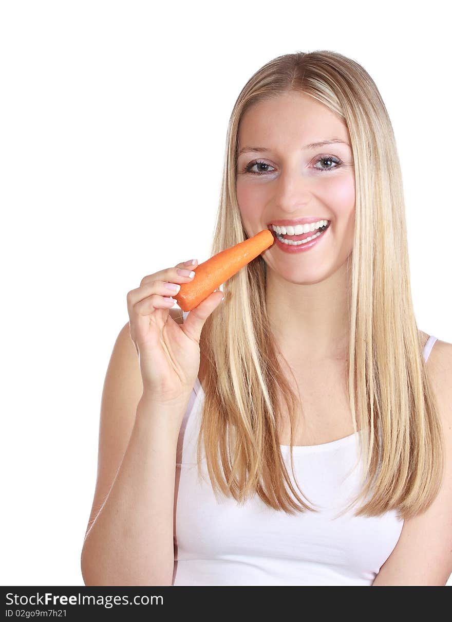 Girl with carrot on white isolated background