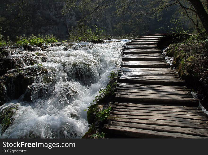 Wooden pathway in Plitvice Lakes national park in Croatia