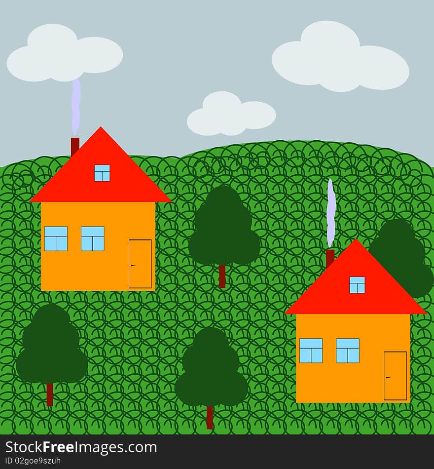 Abstract illustration: house on a blue and green. Abstract illustration: house on a blue and green