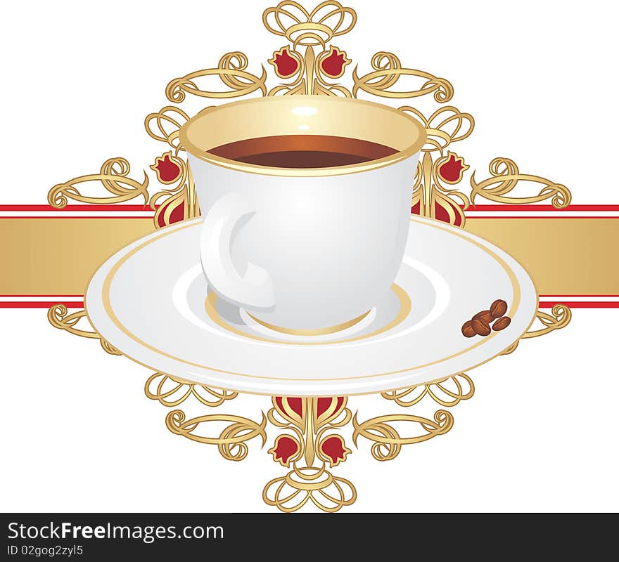 Cup with coffee and corns on the ornament