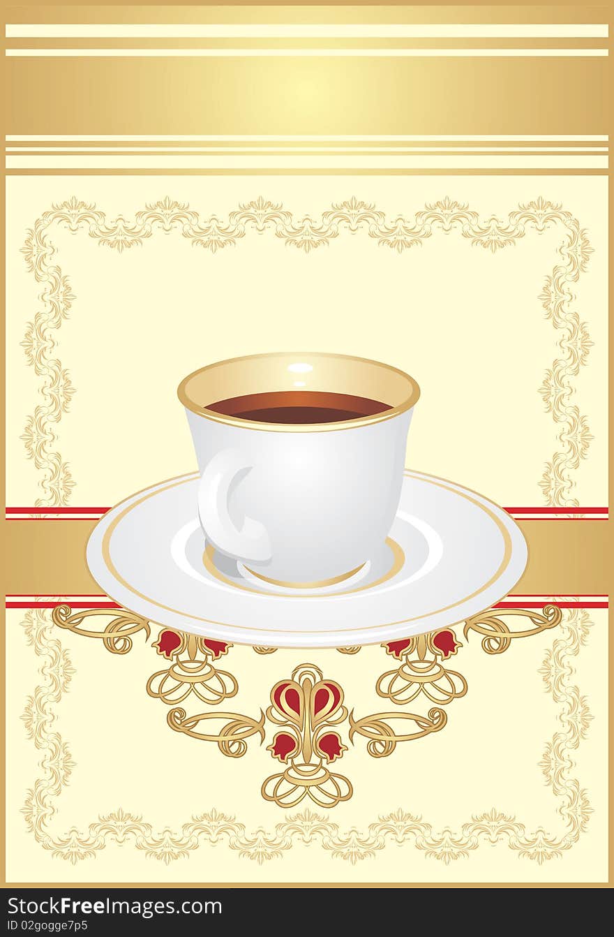 Cup with coffee on the decorative ornament. Wrapping. Illustration