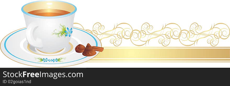 Cup with tea and candies on the golden ribbon. Illustration