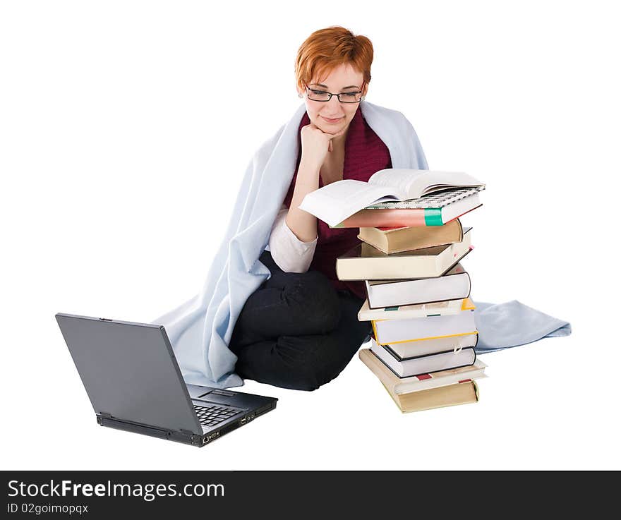 Student girl with many books isolated on white background. Student girl with many books isolated on white background