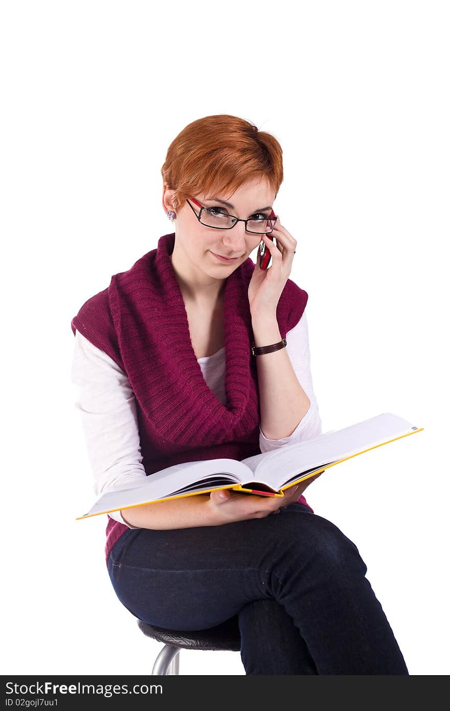 Girl With Book And Telephone