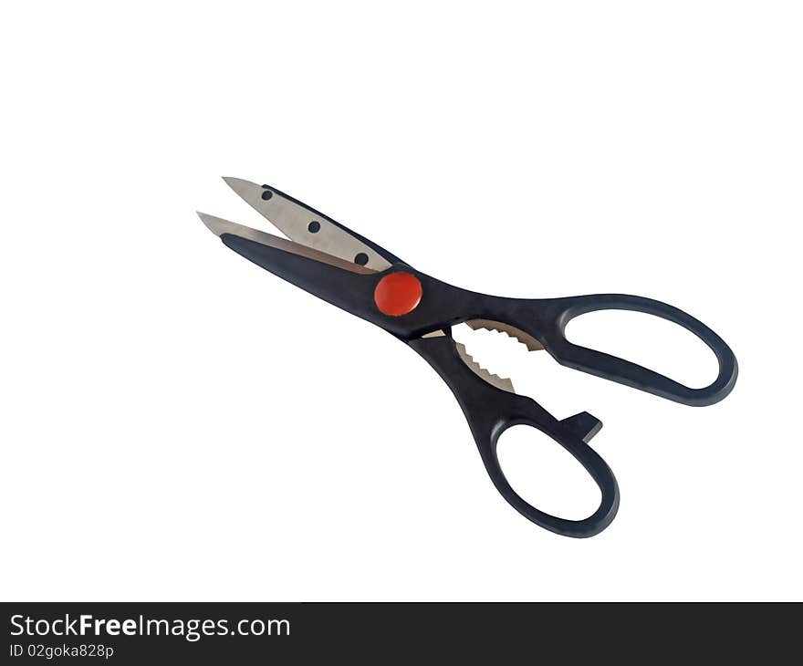 Kitchen scissors of the black colour on white background