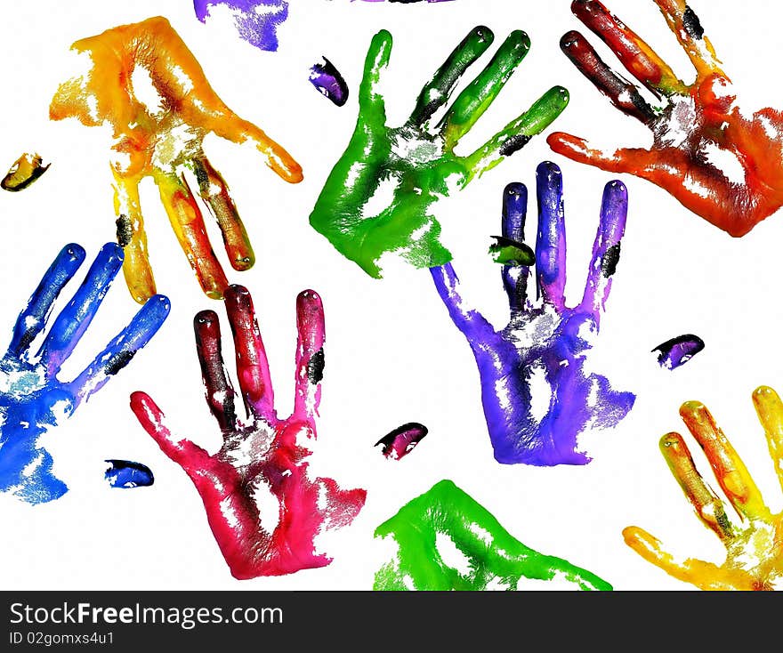 Photo of multi-colored handprints on white background. Photo of multi-colored handprints on white background