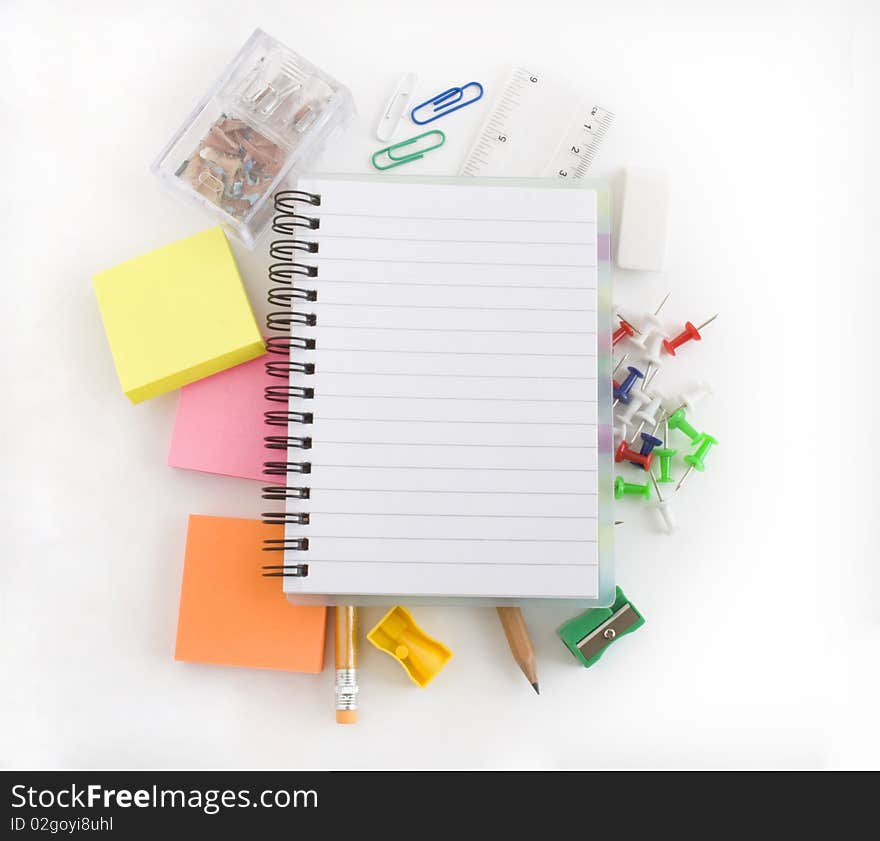 Stationery items on a white background