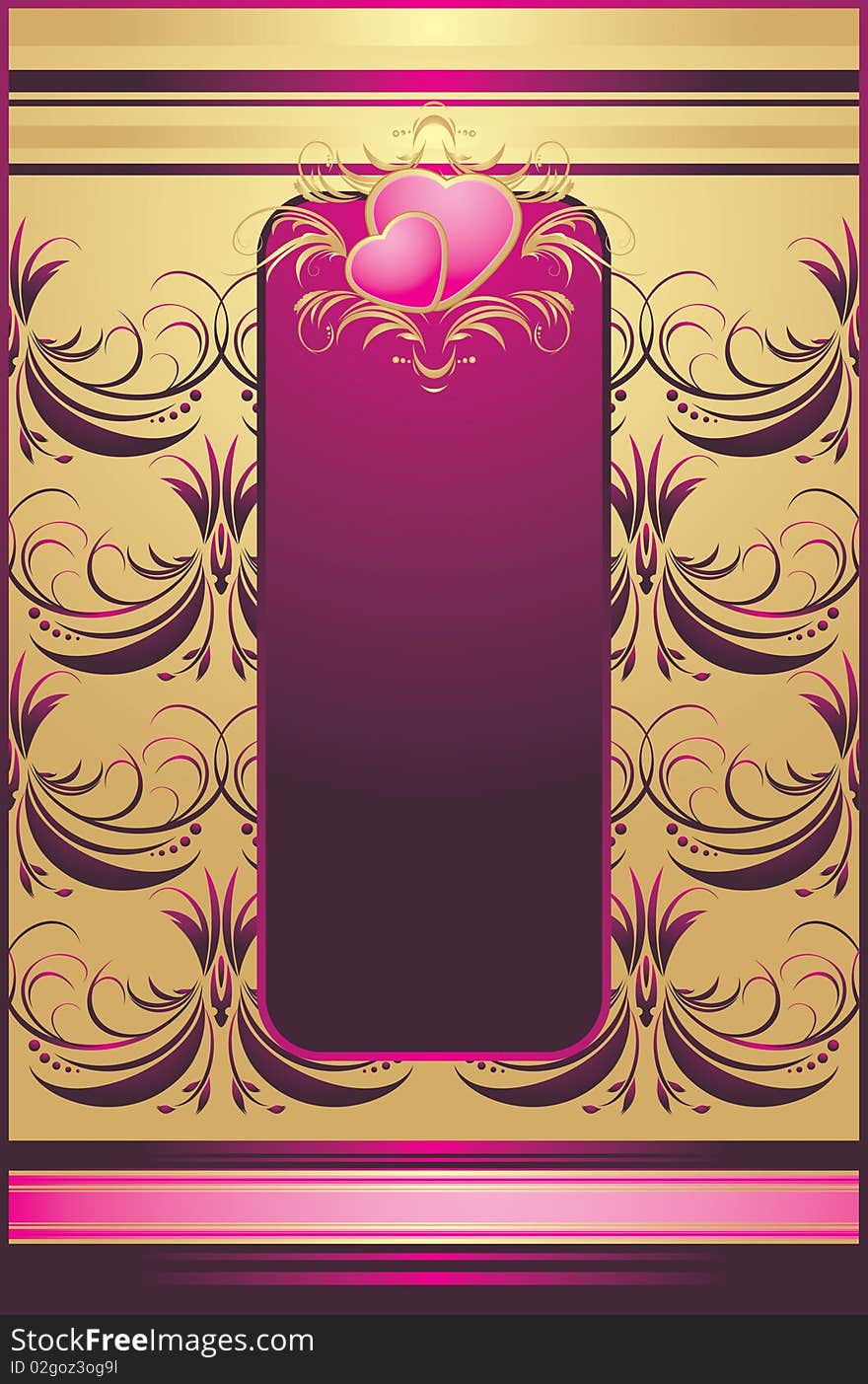 Pink hearts with golden ornament. Background for wrapping. Illustration