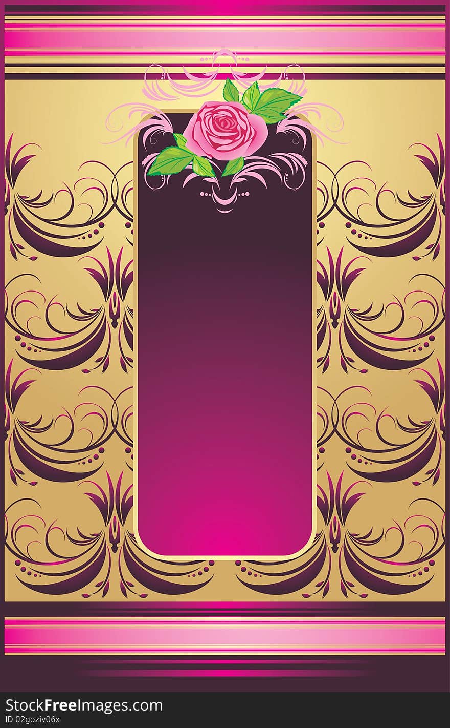 Pink rose with ornament on the decorative background. Illustration