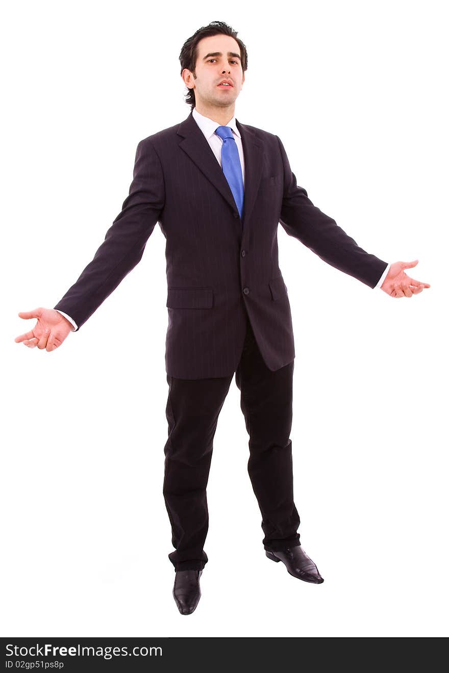 Young business man with open arms, in a white background