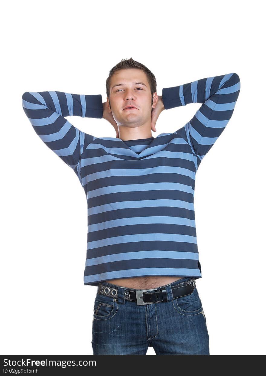 Portrait of young man with hands folded isolated on white background