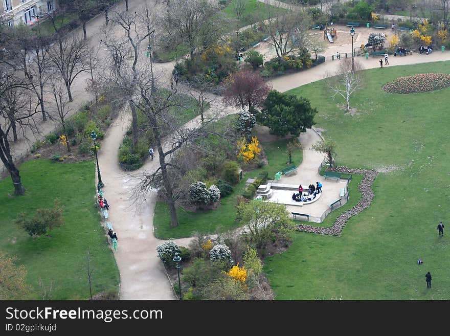 The gardens below the Eiffel Tower. The gardens below the Eiffel Tower