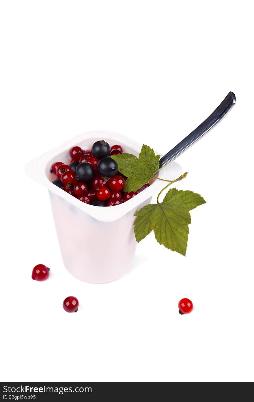 Yoghurt with black and red currants in plastic container isolated on white