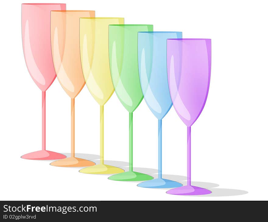 A row of rainbow glasses arranged diagonally. A row of rainbow glasses arranged diagonally