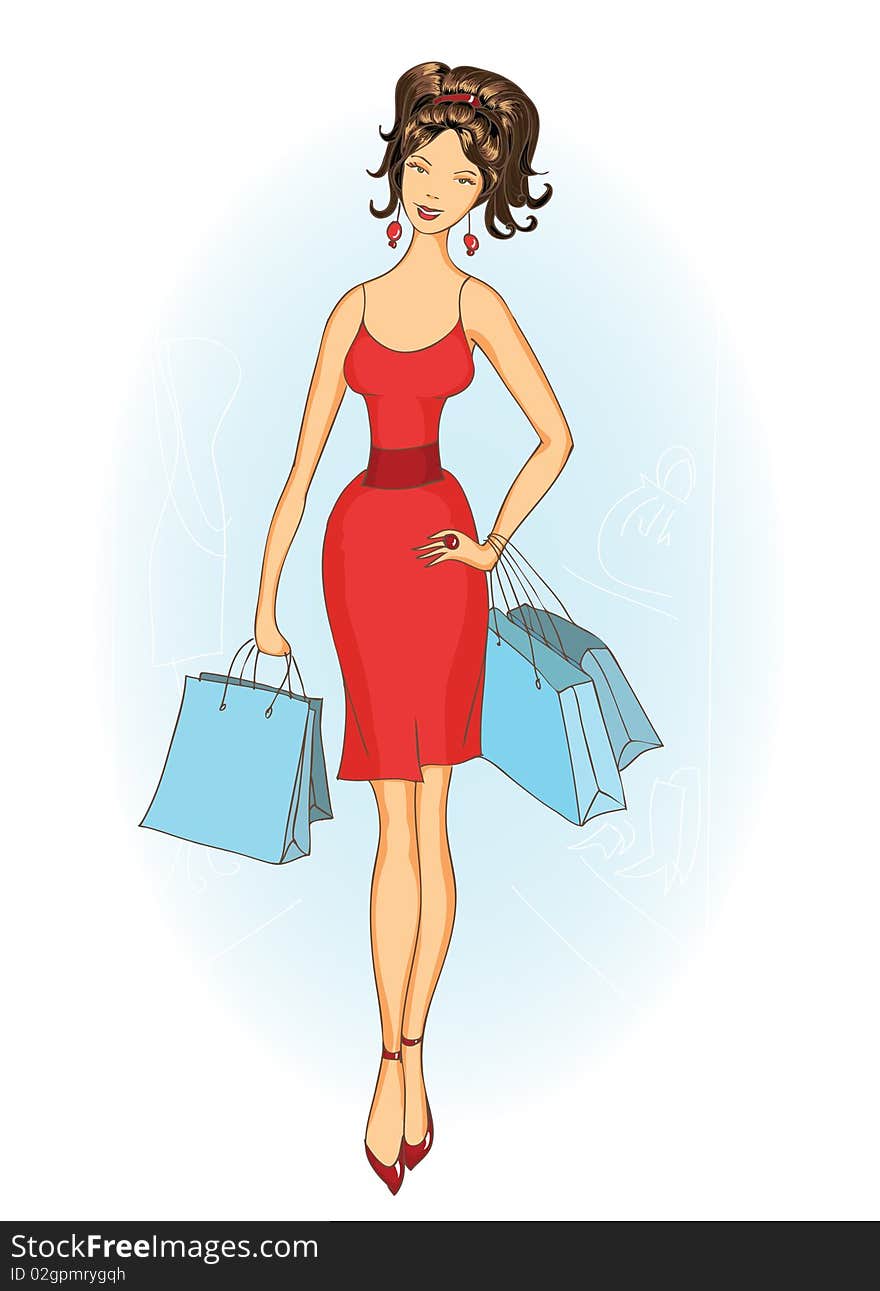 Modern shopping girl with shopping bags in red dress