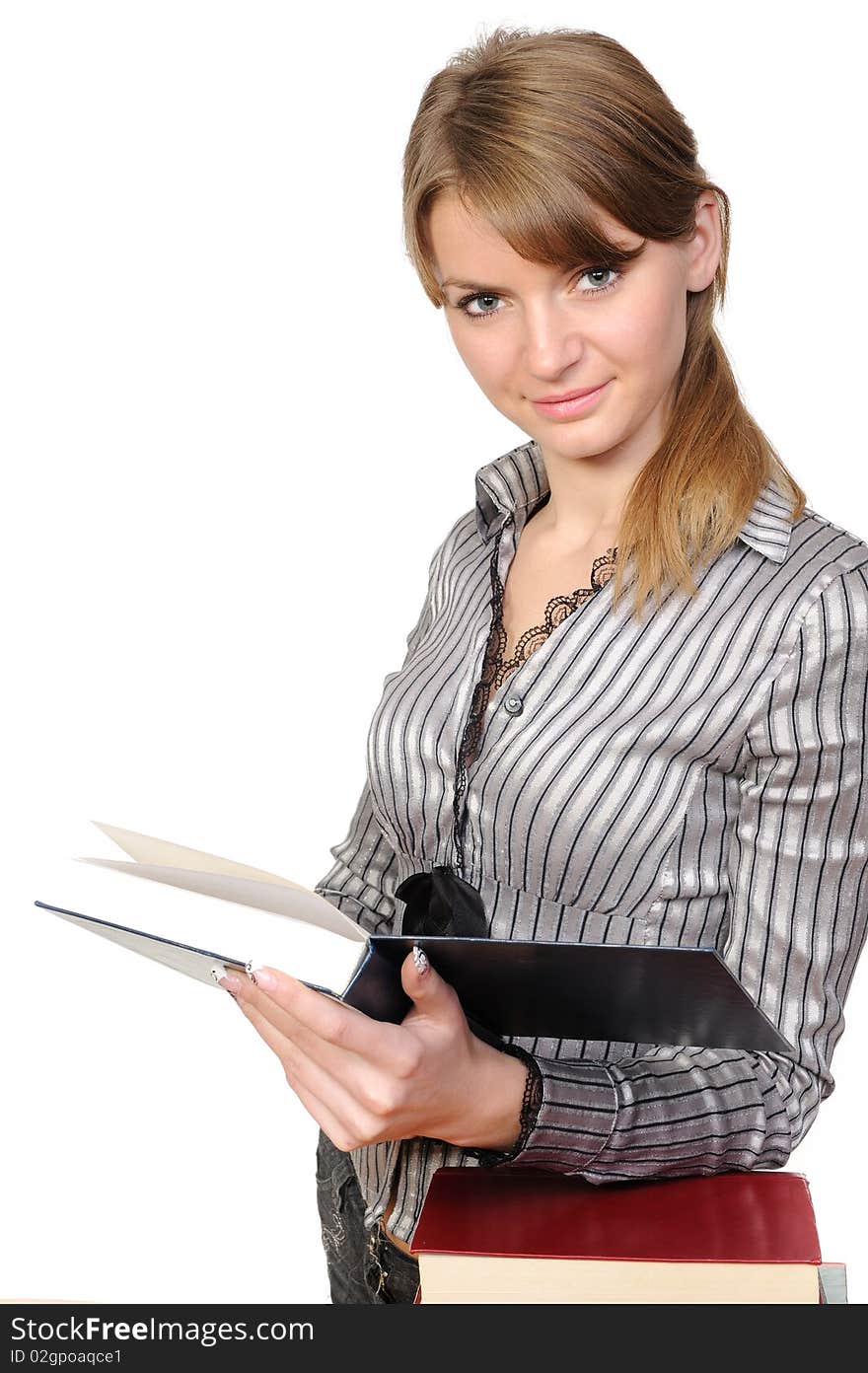 Young girl with long hair and book on a white background. Young girl with long hair and book on a white background