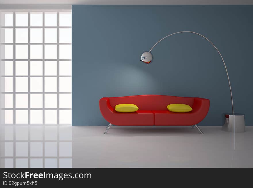 Nice interior composition with red sofa