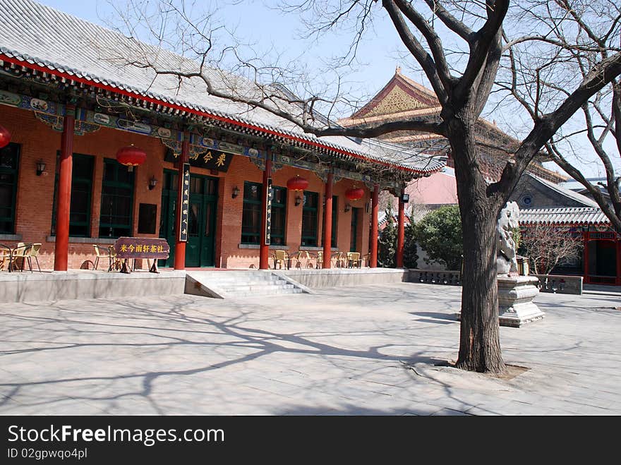 Patio with red chinese pagoda