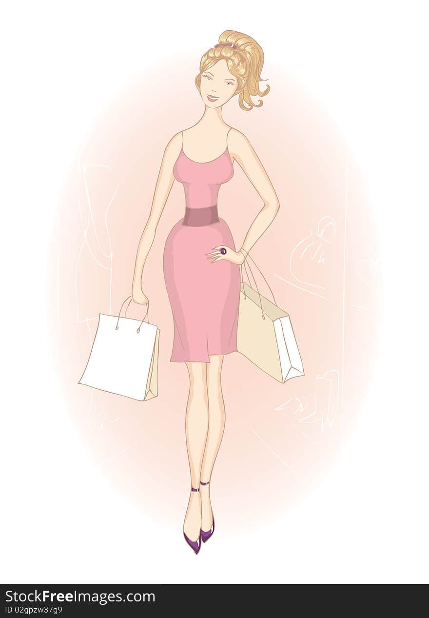 Shopping girl with shopping bags in rose dress