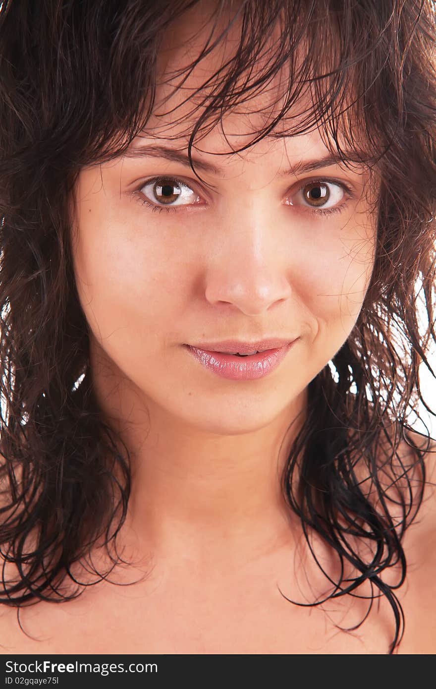 Close up portrait of a beautiful woman with smile, on a white background