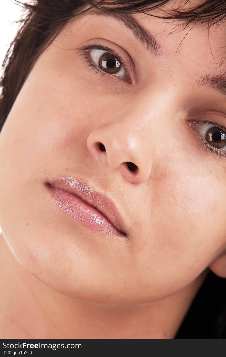 Close up portrait of a beautiful woman with smile, on a white background