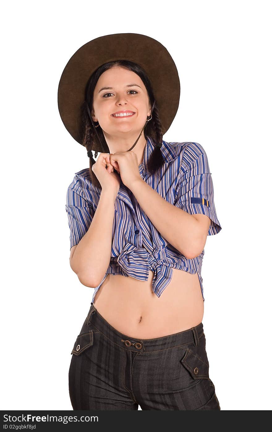 Beautiful young caucasian girl in a cowboy hat over white background. Beautiful young caucasian girl in a cowboy hat over white background