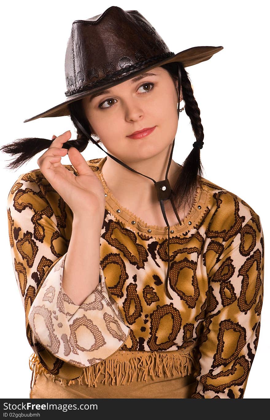 Beautiful young caucasian girl in a cowboy hat over white background. Beautiful young caucasian girl in a cowboy hat over white background