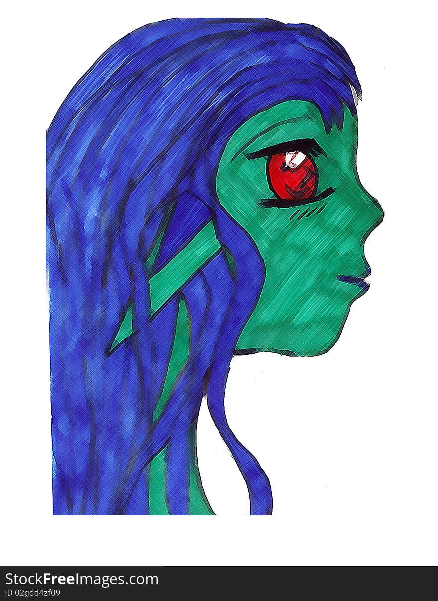 Anime female with blue hair and green skin. Anime female with blue hair and green skin