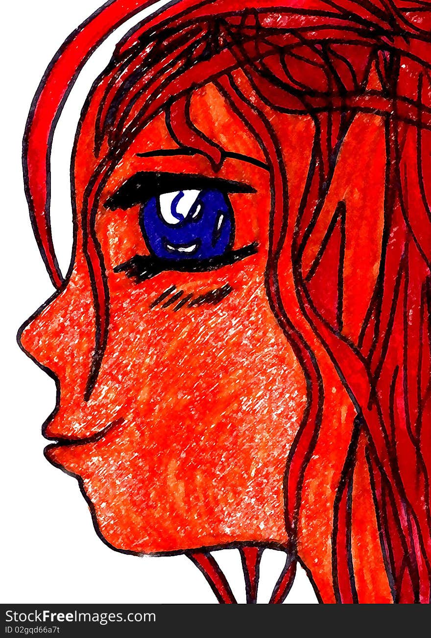 Close up of red skinned anime female with blue eyes. Close up of red skinned anime female with blue eyes