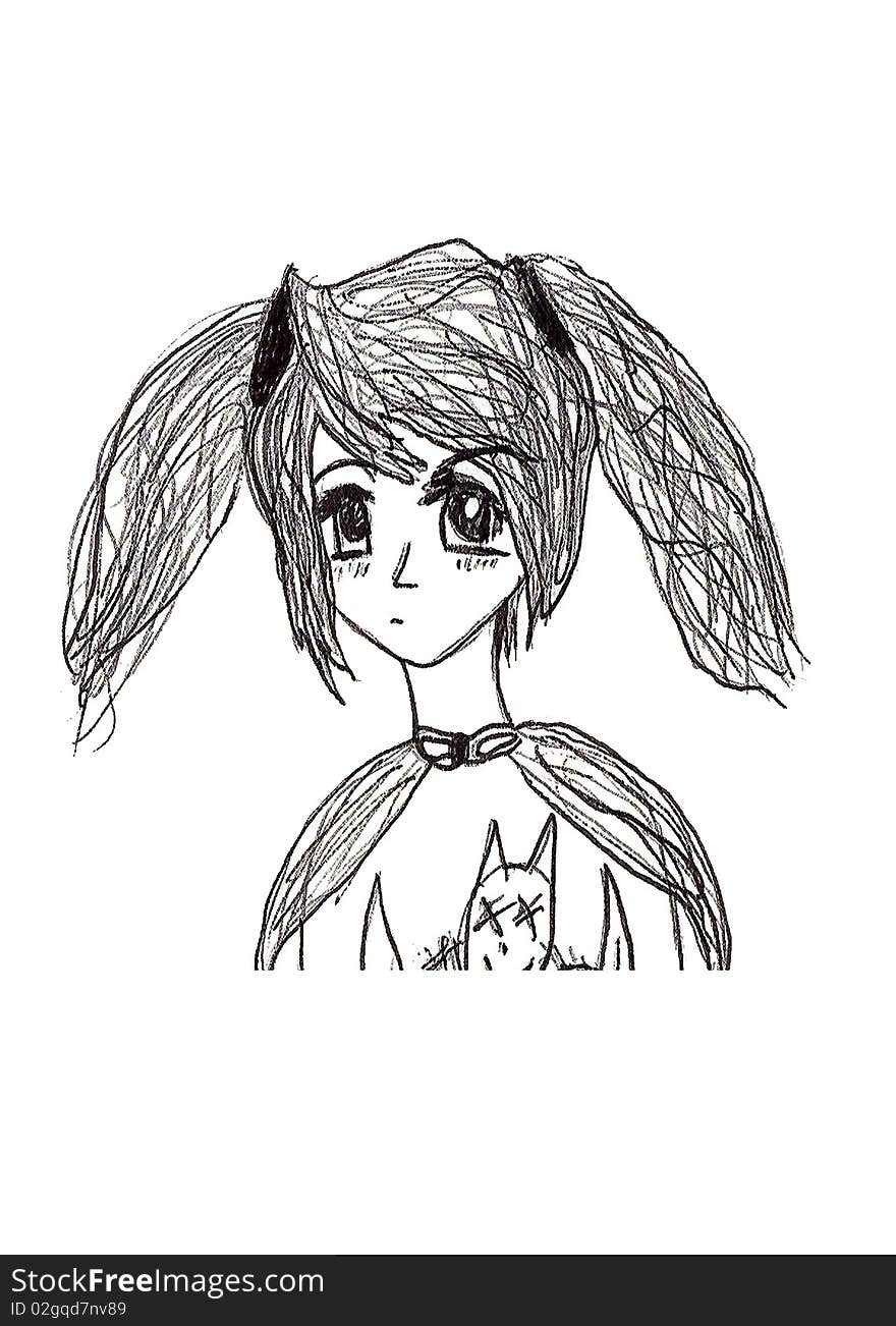 Pencil drawing of anime girl with pigtails. Pencil drawing of anime girl with pigtails