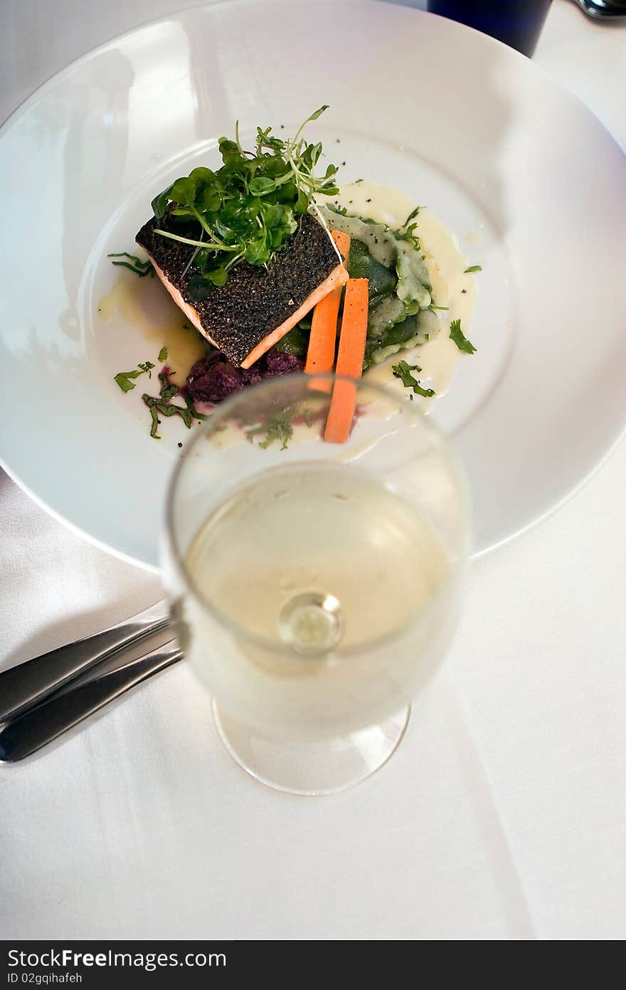 Salmon and Vegetables Served with Wine