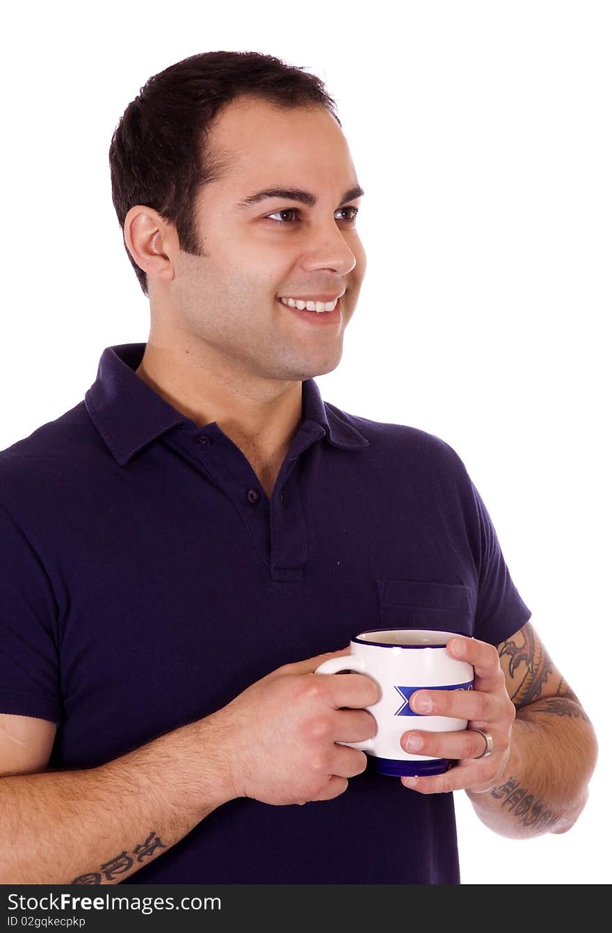 Smiling Hispanic man having a cup of coffee. Smiling Hispanic man having a cup of coffee