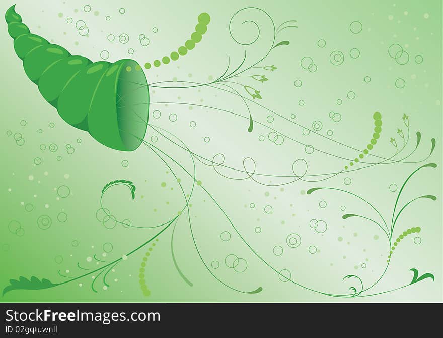 Horn of plenty with abstract plants and flowers on a green background. Horn of plenty with abstract plants and flowers on a green background