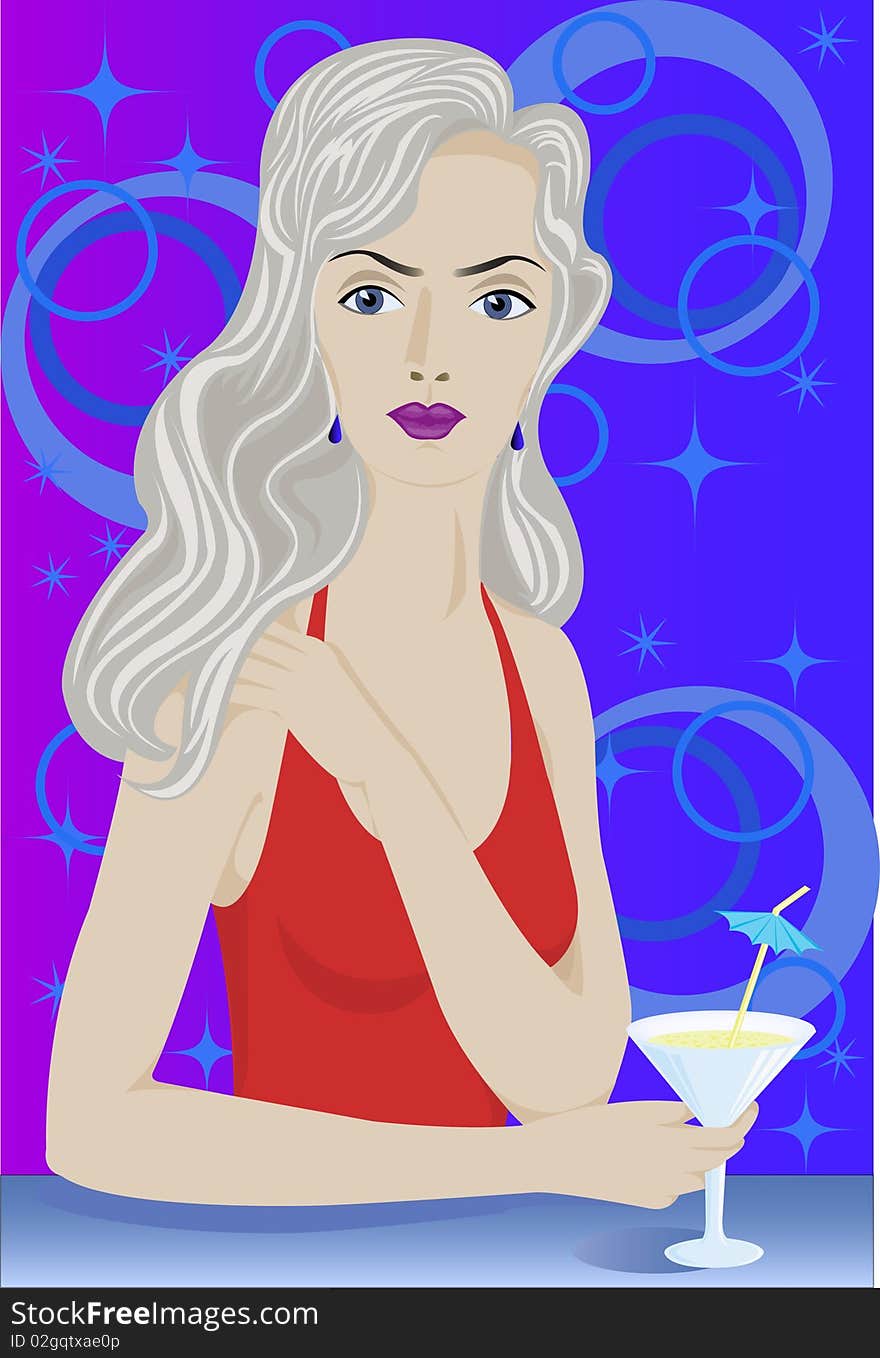 Beautiful girl with a glass of martini on an abstract blue background. Beautiful girl with a glass of martini on an abstract blue background