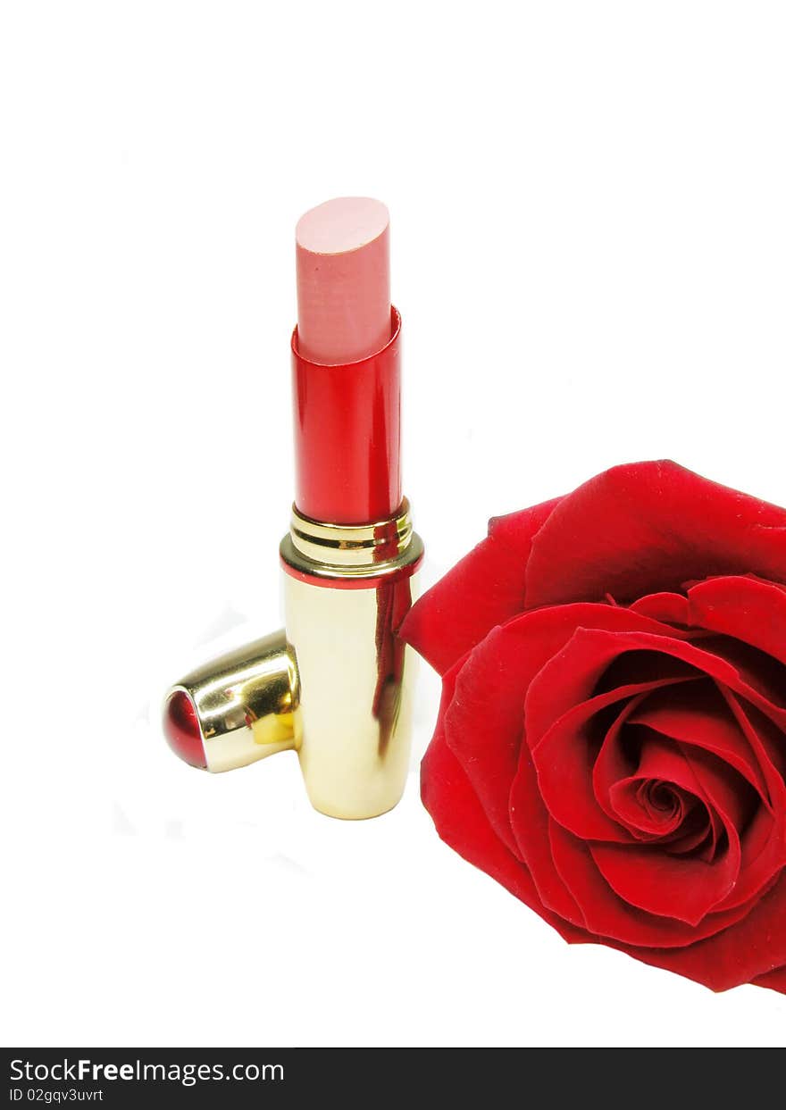 Red lipstick with rose on background