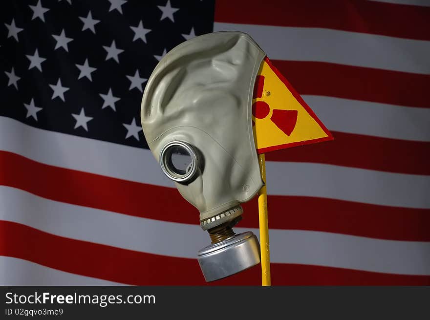 Concept.Nuclear security .Radiation simbol and US Flag