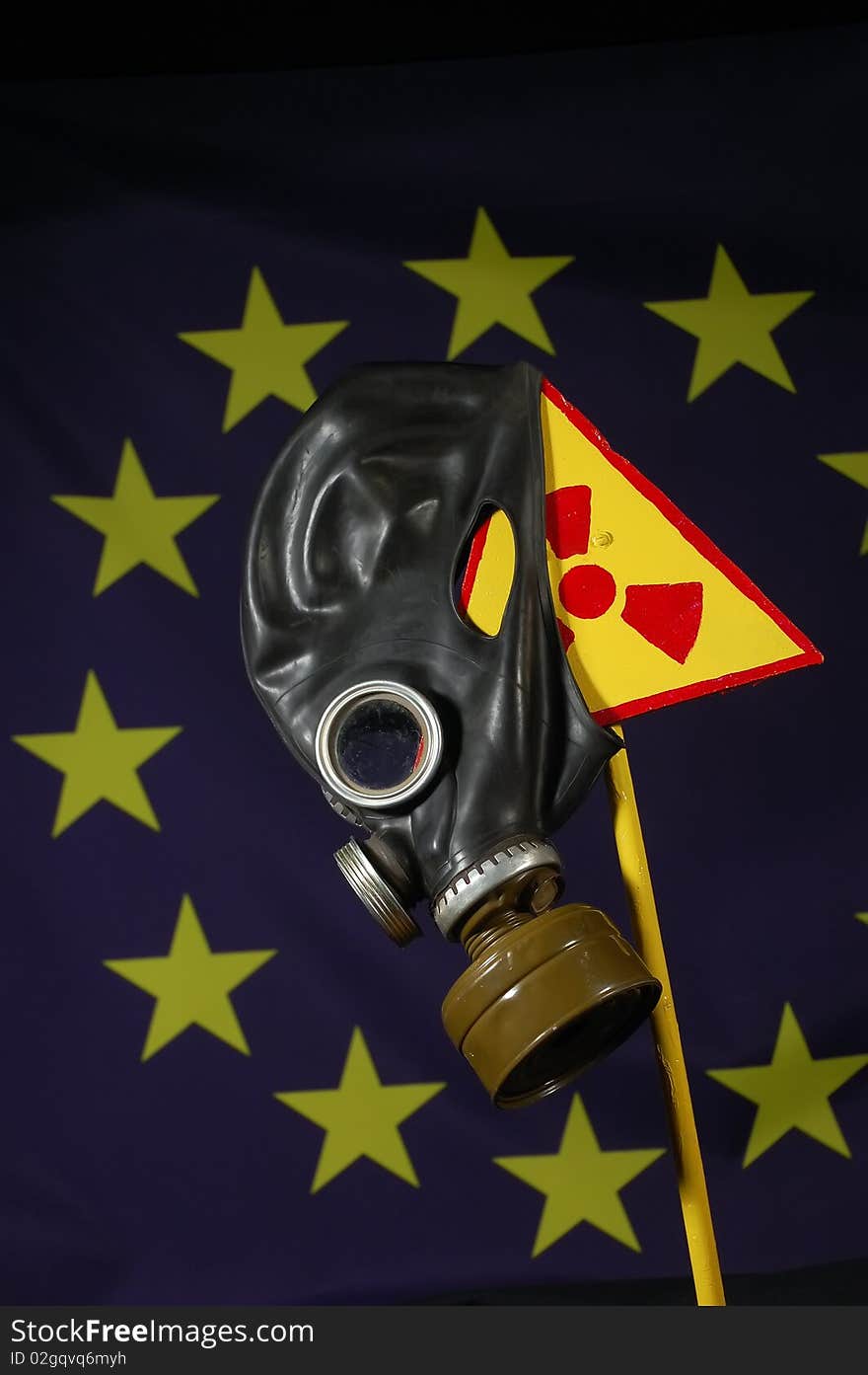 Concept.Nuclear security .Radiation simbol with gas mask and EU Flag