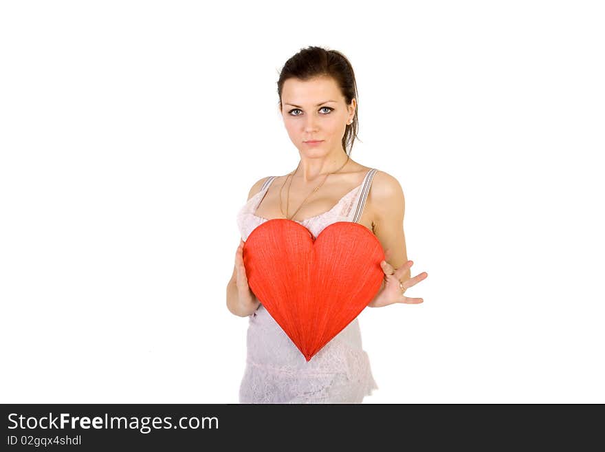 Beautiful woman holding red heart