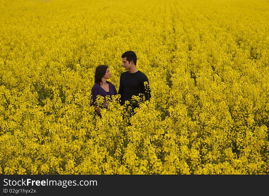 Young Couple in the Blossom Rape Field. Young Couple in the Blossom Rape Field